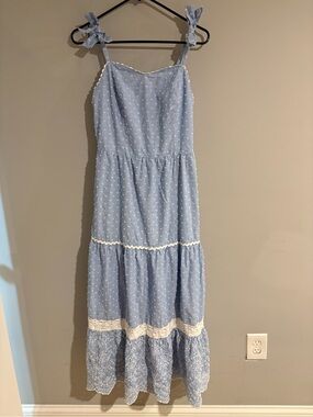 Shabby Chic Blue Swiss Dot Maxi Dress L Lace Tiered Tie Strap Cottagecore